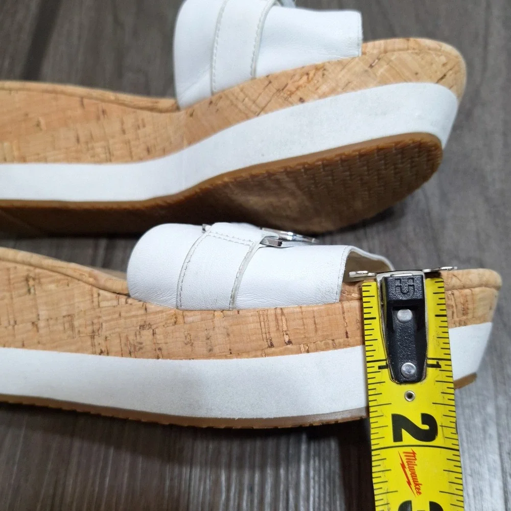 Michael Kors White Leather Cork Platform Wedge Slide Sandals Silver MK Logo 9M